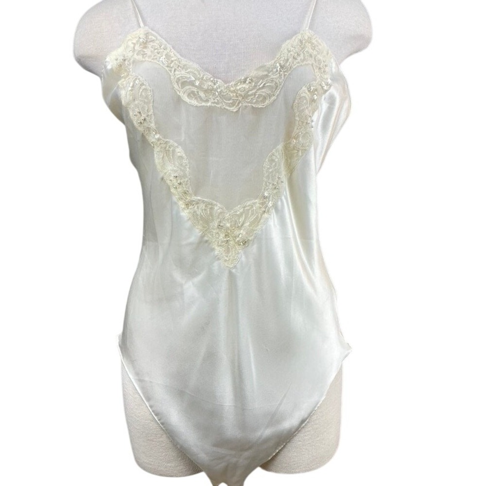 GO SOFTLY Womens (M)Ivory Satin Beaded Lace Teddy Bodysuit Lingerie Sheer Bridal